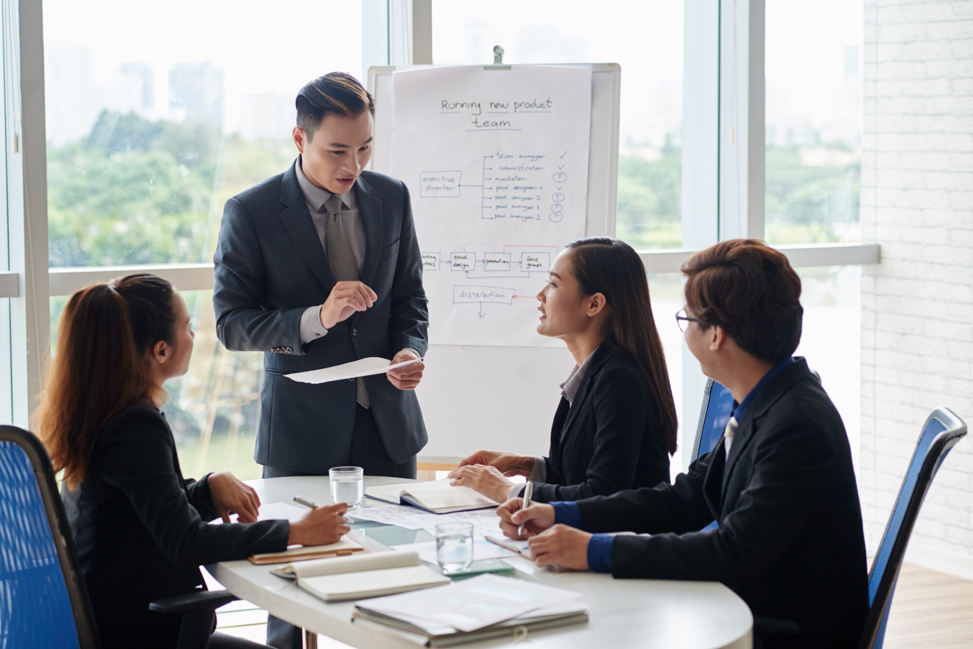Business meeting in progress, with a man presenting to three colleagues. A presentation board displays a project outline for a new product team.